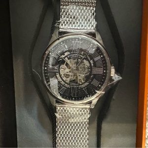 NWT Stuhrling skeleton atrium silver and black men’s bracelet watch